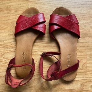 Ankle Strap Italian Leather Flat Sandals in Red Size 7